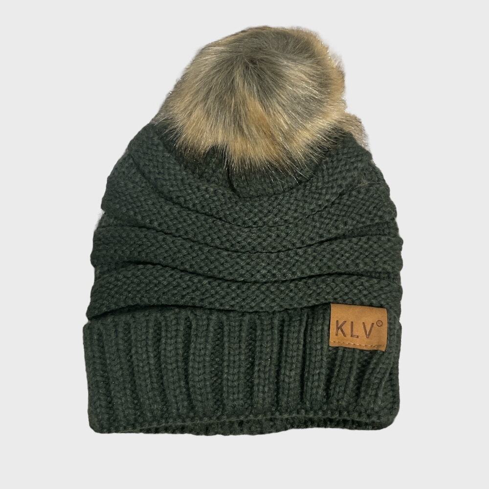 klv Gray knit style beanie with faux fur Pom. - Picture 4 of 6
